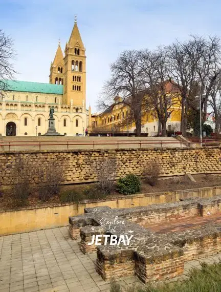 Historic Pécs Cathedral with twin bell towers and ancient Roman ruins showcasing Hungary's cultural heritage