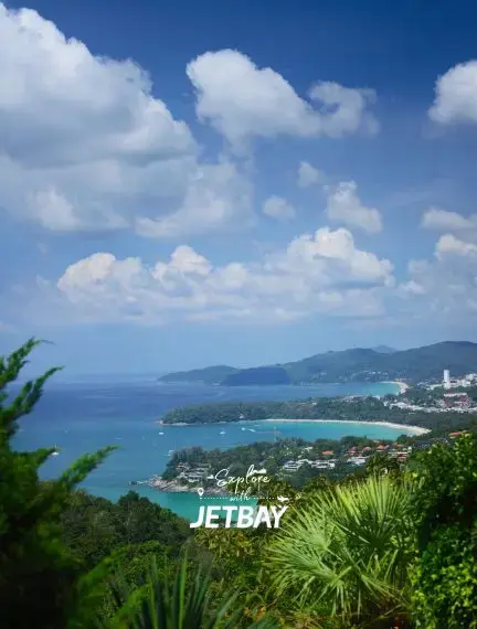 Panoramic view of Phuket's turquoise coastline and tropical beaches from elevated viewpoint in Thailand