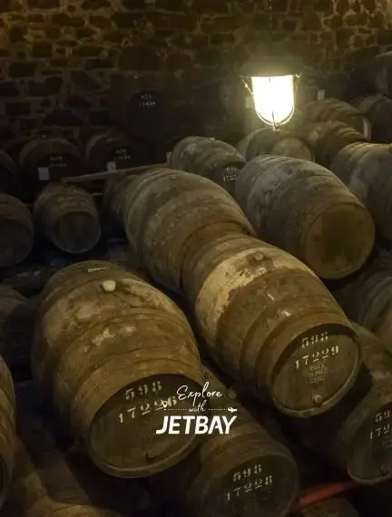 Aged wine barrels stacked in traditional stone cellar showcasing Porto's renowned port wine heritage