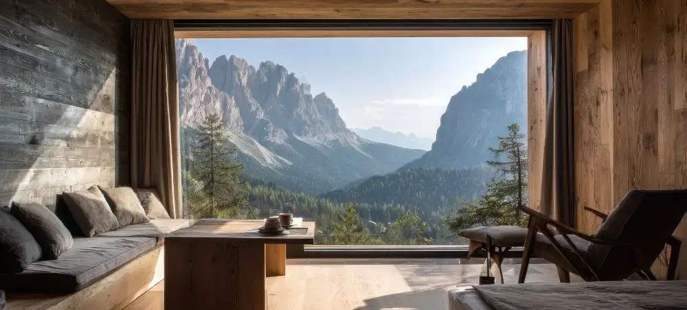 Luxury alpine lodge interior with panoramic mountain views showcasing Queenstown's dramatic landscape