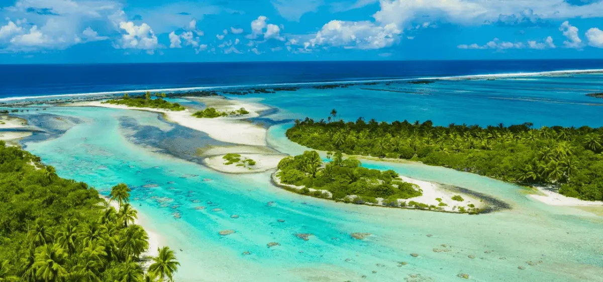 Rangiroa skyline and waterfront district photographed from a private aircraft on final approach