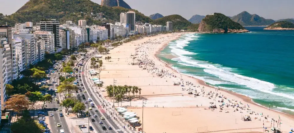 Aerial view of Copacabana Beach in Rio de Janeiro showing golden sand, turquoise waters, and luxury hotels