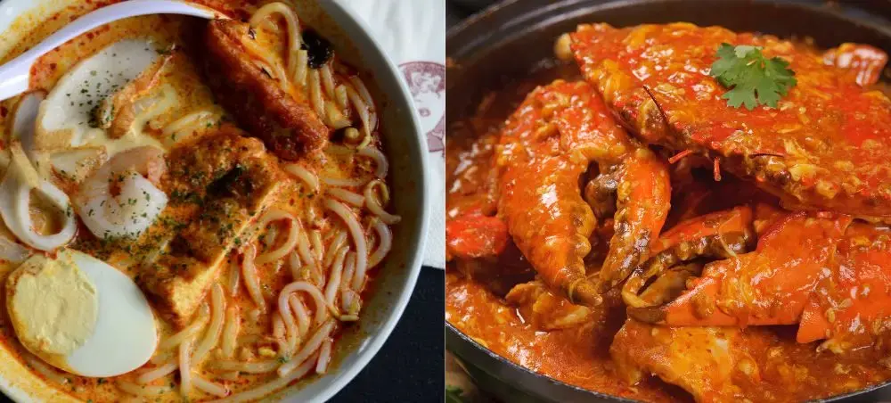 Authentic Singapore cuisine featuring spicy ramen with egg and chili crab showcasing local flavors