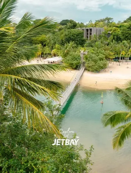 Tropical beach lagoon with crystal clear turquoise water surrounded by lush palm trees in Singapore