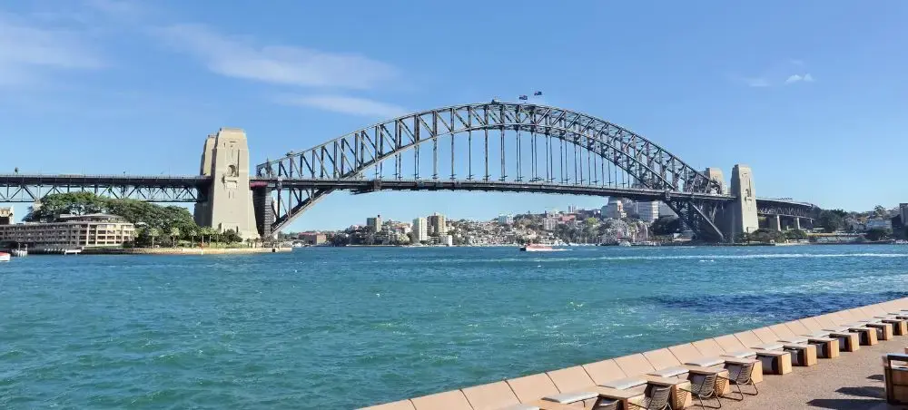 Sydney Harbour Bridge spanning turquoise waters with city skyline, showcasing Australia's iconic landmarks