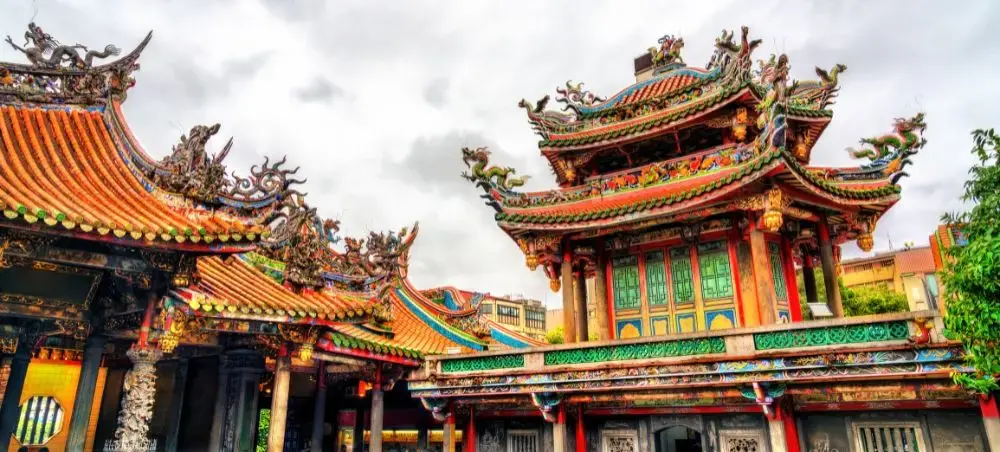 Ornate traditional Taiwanese temple with colorful curved roofs and intricate dragon carvings in Taipei