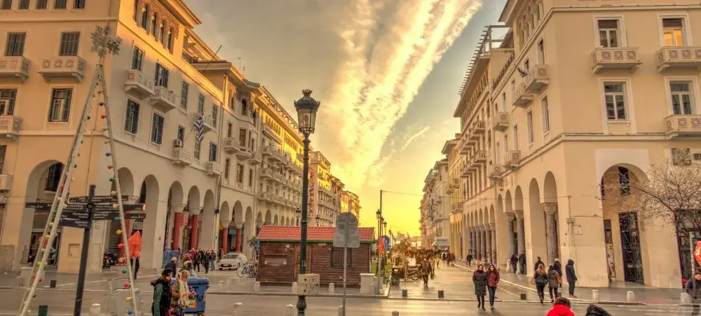 Historic Aristotelous Square in Thessaloniki showcasing neoclassical architecture and vibrant street life