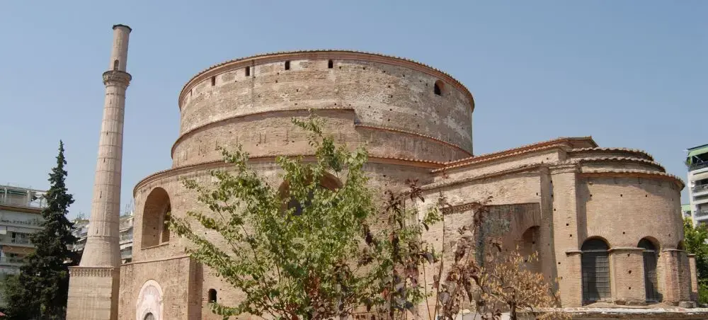Ancient Rotunda of Galerius in Thessaloniki showcasing Byzantine architecture and historic minaret