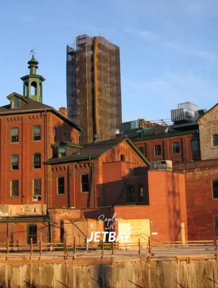 Historic Toronto Distillery District showcases preserved Victorian industrial architecture with Jetbay branding