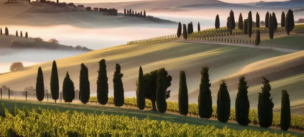 Rolling Tuscan hills with cypress trees and vineyards near Florence showcase Italy's scenic countryside