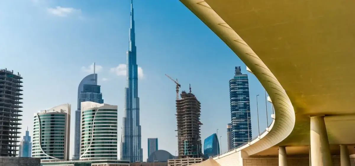 United Arab Emirates skyline and waterfront district photographed from a private aircraft on final approach