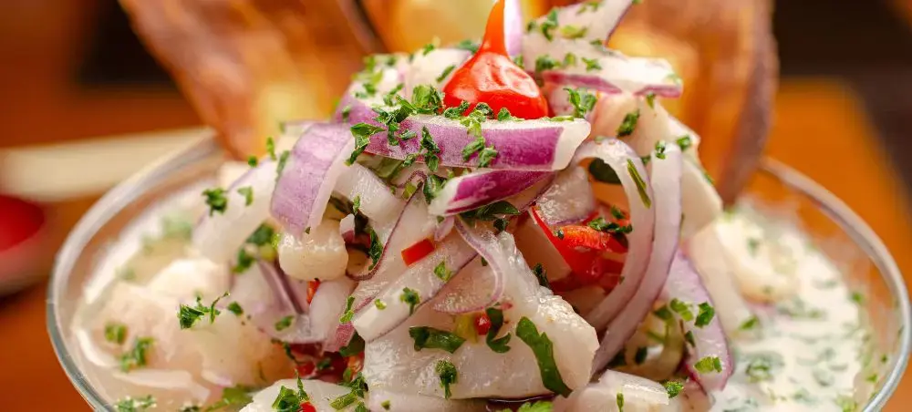 Fresh ceviche with red onions and herbs showcasing Valparaiso's renowned coastal cuisine and seafood traditions