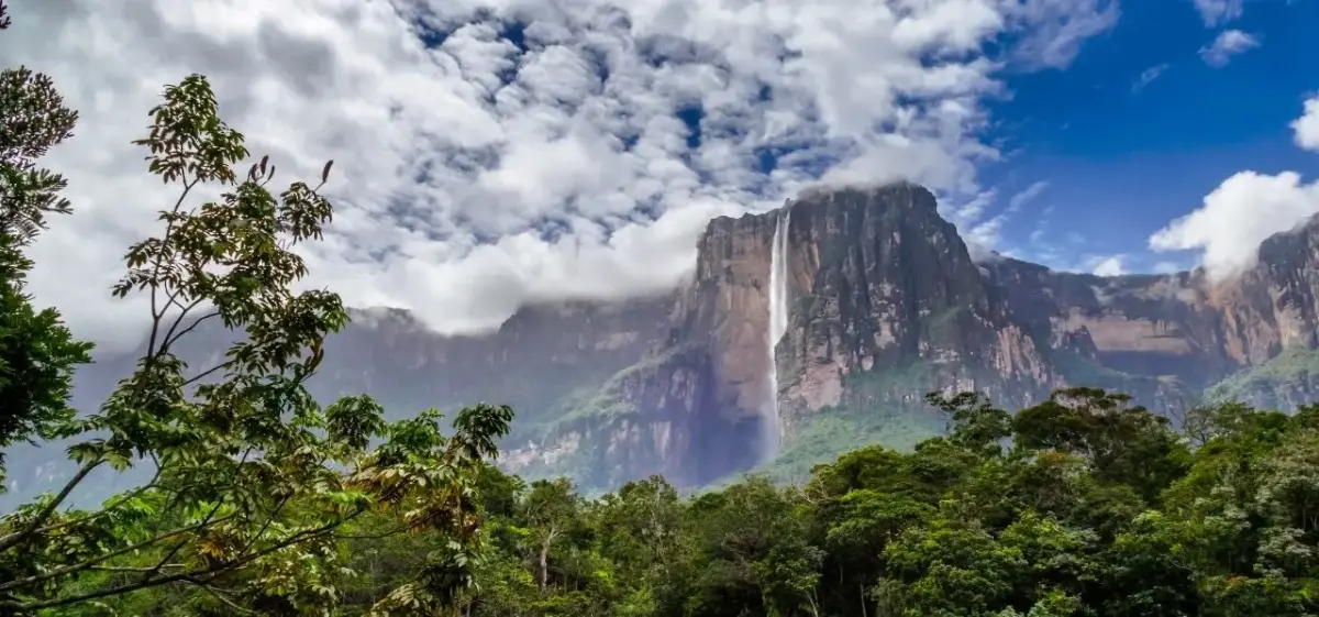 Angel Falls cascades down towering cliffs surrounded by lush Venezuelan rainforest under dramatic clouds