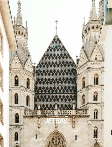 St. Stephen's Cathedral's iconic colorful tiled roof and Gothic spires dominating Vienna's historic city center