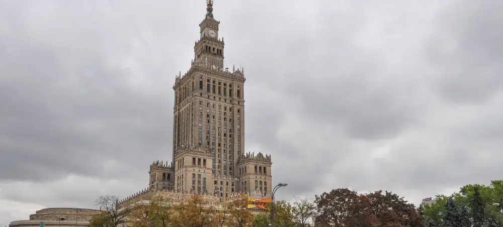 Palace of Culture and Science towering over Warsaw skyline, showcasing Poland's capital city architecture