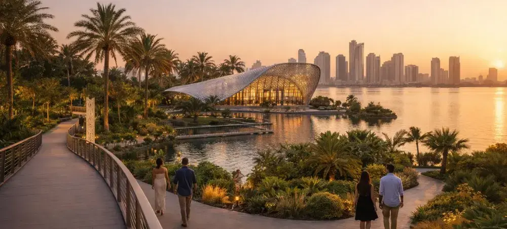 Waterfront promenade and landmark architecture in Sharjah for private jet charter visitors