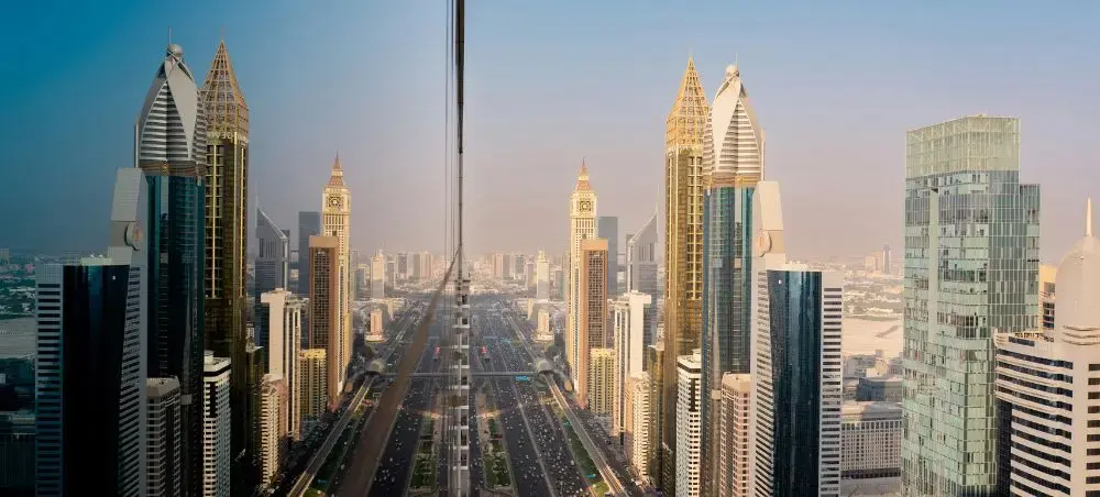 Waterfront promenade and landmark architecture in United Arab Emirates for private jet charter visitors