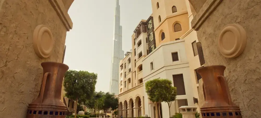 Waterfront skyline and marina in United Arab Emirates popular with private jet charter passengers