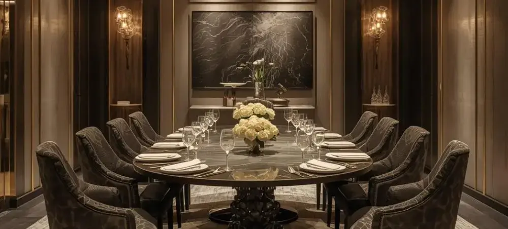 Elegant private dining room with marble table and luxury seating for exclusive Wellington charter experiences
