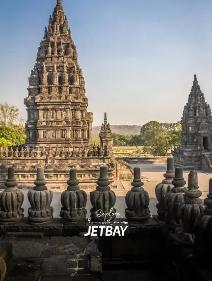 Ancient Prambanan temple complex showcasing intricate stone architecture in Yogyakarta, Indonesia