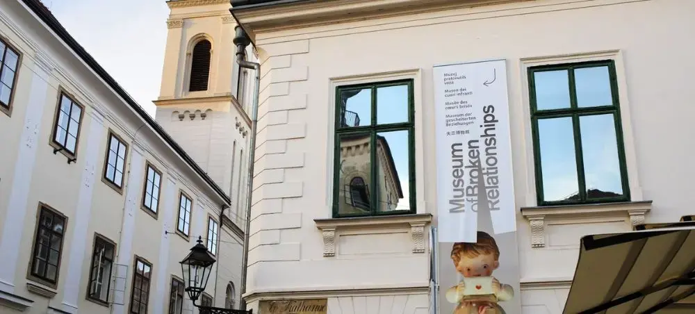 Historic baroque buildings and museum banner in Zagreb's charming old town district
