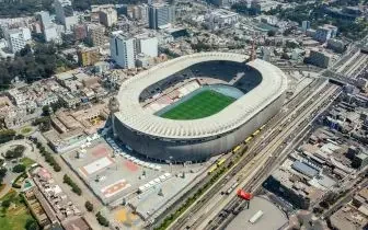 Aerial view modern football stadium surrounded urban development for a world cup card item