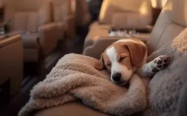Beagle puppy sleeping comfortably on luxury aircraft seat with soft blanket during pet-friendly flight