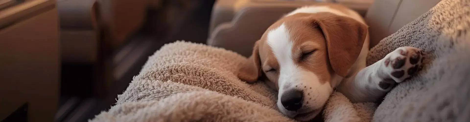Beagle puppy sleeping comfortably on luxury aircraft seat with soft blanket during pet-friendly flight