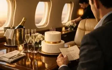 The Ultimate Private Jet Birthday Guide Elegant for a birthday cake champagne service luxury private jet cabin celebratory