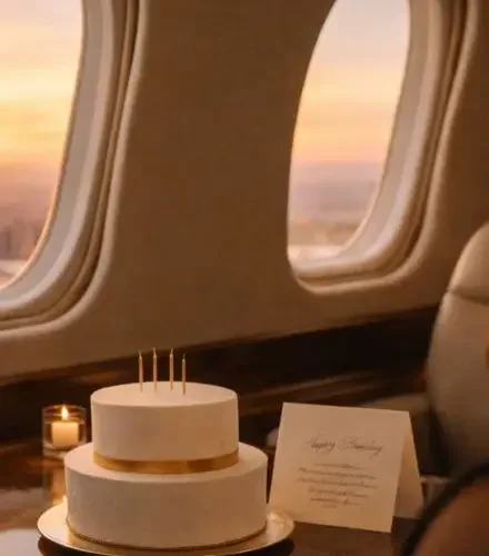 Elegant for a birthday cake golden candles luxury private jet golden hour sunset card item