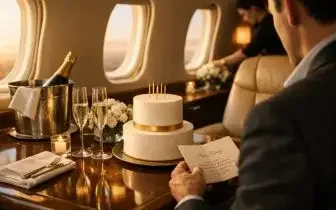 Elegant for a birthday celebration luxury private jet champagne glasses tiered cake window card item