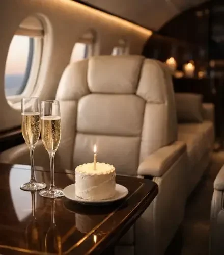 Elegant for a birthday celebration private jet champagne flutes lit candle cake polished table card item