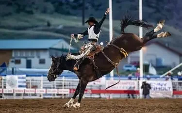 Private Jet to Cody Stampede: Rodeo Travel Solutions Bronc rider on bucking horse at Cody Stampede rodeo with arena lights and spectator stands visible