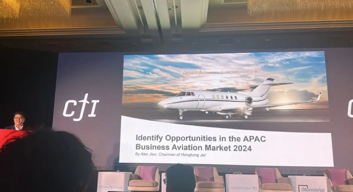 Business aviation conference presentation on APAC market opportunities featuring luxury jet imagery