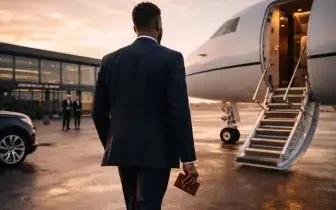 Business executive approaching luxury private jet at sunset, illustrating exclusive membership benefits