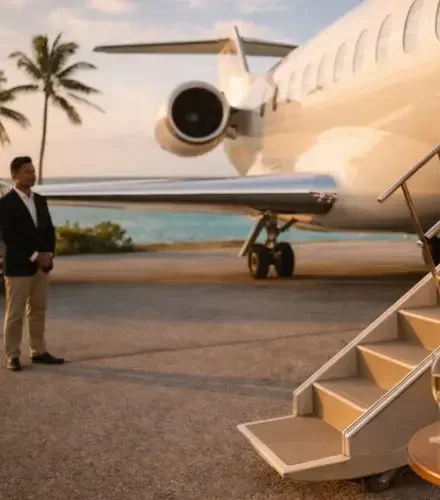Business executive approaching luxury private jet tropical tarmac exclusive for a birthday card item