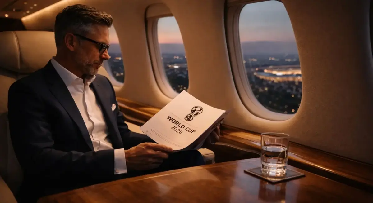 Business executive reading for a world cup 2026 program luxury private jet cabin city lights
