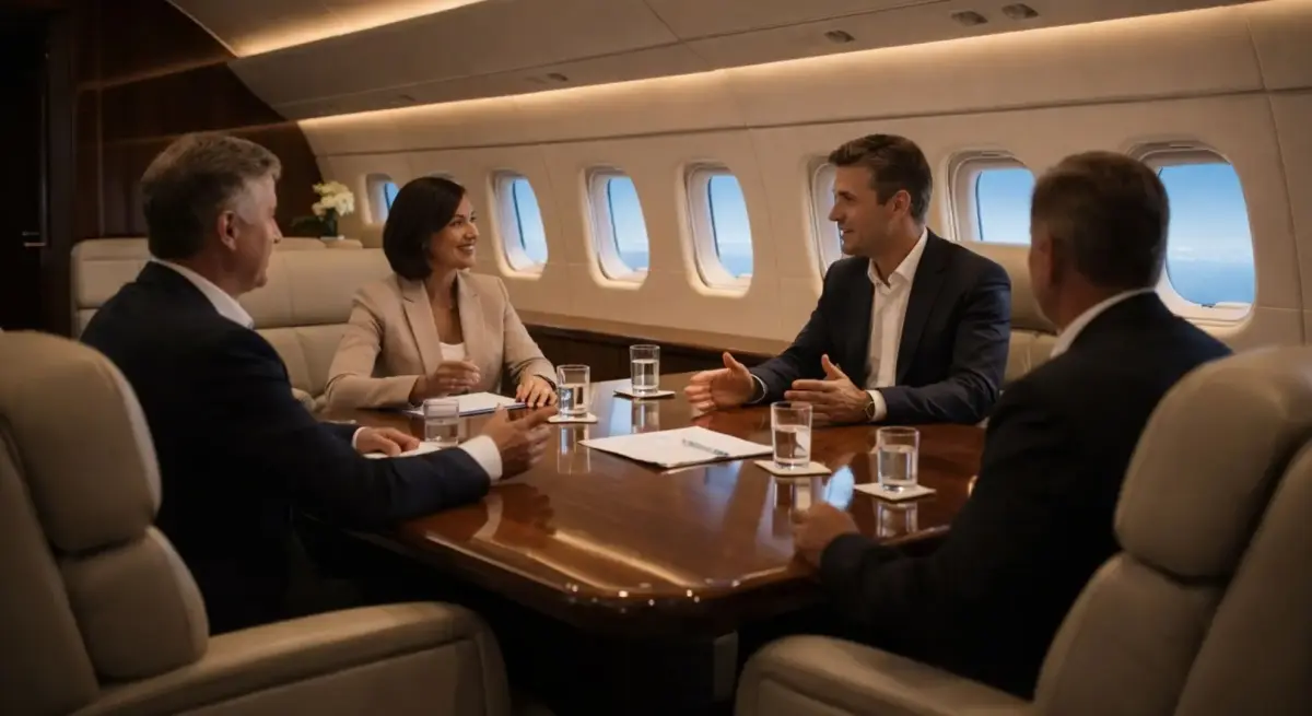 Business executives conducting productive meeting around polished conference table in luxury private jet cabin