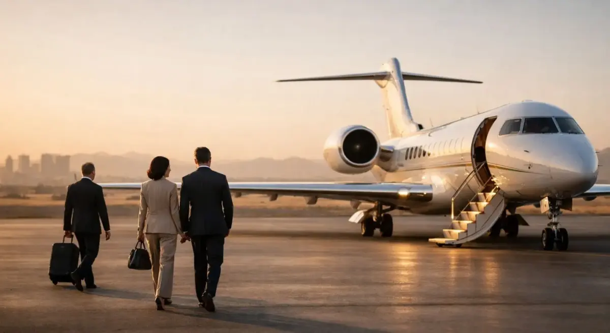 Business executives walking toward luxury private jet at sunset, showcasing premium travel alternatives
