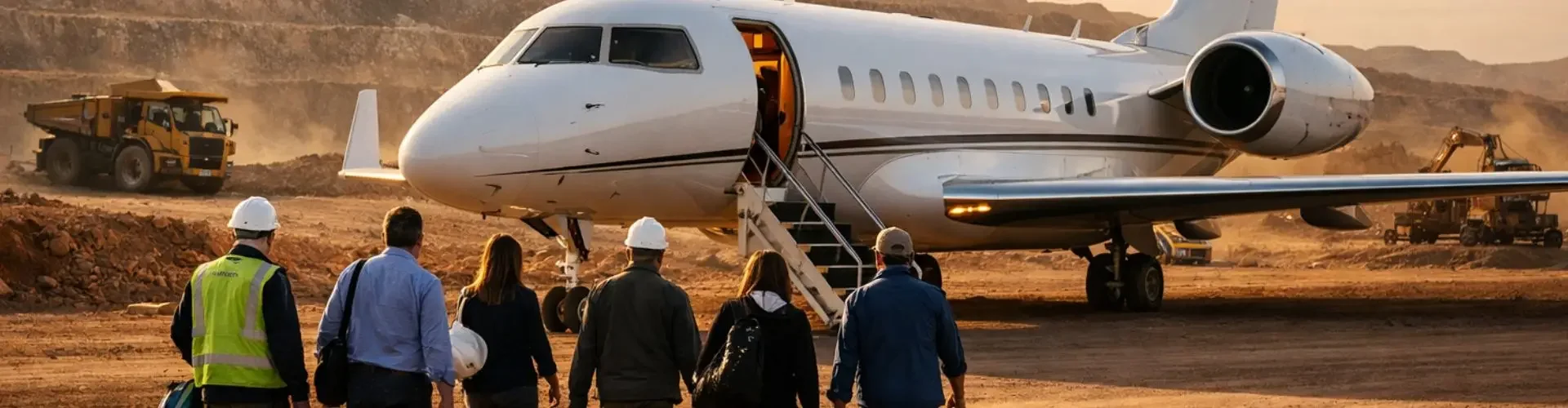 Business team walking toward luxury private jet on remote desert airstrip for personnel transport mission