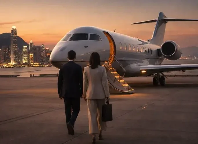 Business travelers approaching luxury private jet sunset illuminated city skyline card txt