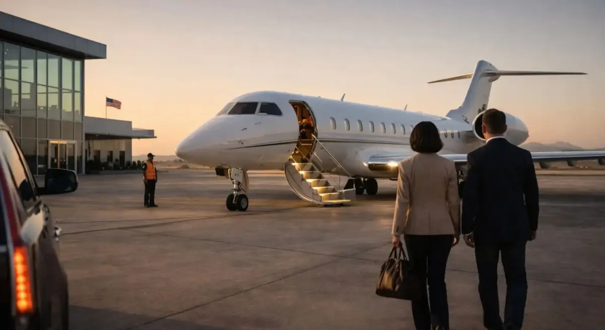 Business travelers approaching luxury private jet at modern airport terminal during golden hour sunset