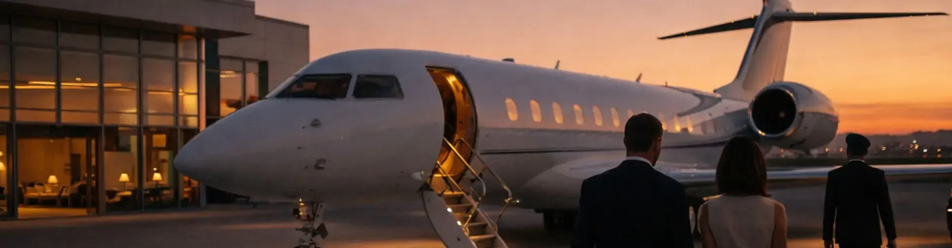 Private Jet Purchase Cost in the UK vs Charter: What’s Smarter? Elegant couple walking toward luxury private jet at sunset with modern terminal building in background