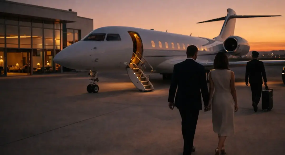 Business travelers approaching luxury private jet at sunset terminal, showcasing premium travel experience