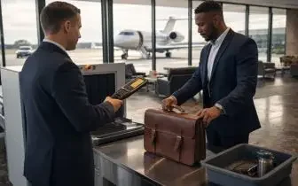 Business travelers discussing private jet costs at modern airport terminal with aircraft visible outside