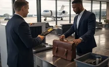Is There TSA if You Fly Private? Understanding Security on a Private Jet Business travelers completing security screening at private jet terminal with aircraft visible outside