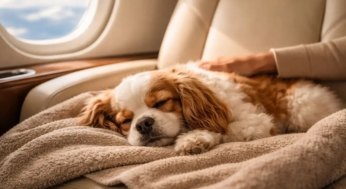 Cavalier King Charles Spaniel sleeping peacefully on plush blankets inside luxury private jet cabin