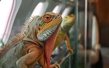 Top Pet-Friendly Jet Models for Flights in Canada Colorful iguana with orange and green scales sitting inside luxury private jet cabin with windows visible