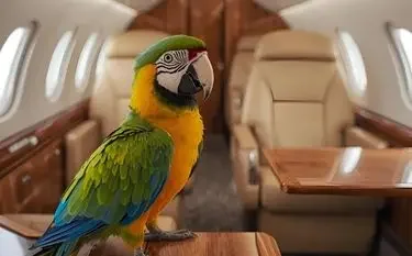 Colorful macaw parrot perched inside luxury private jet cabin with cream leather seats and windows