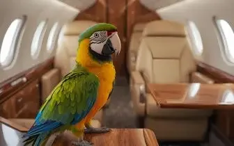 Colorful macaw parrot perched inside luxury private jet cabin showcasing pet-friendly charter travel options